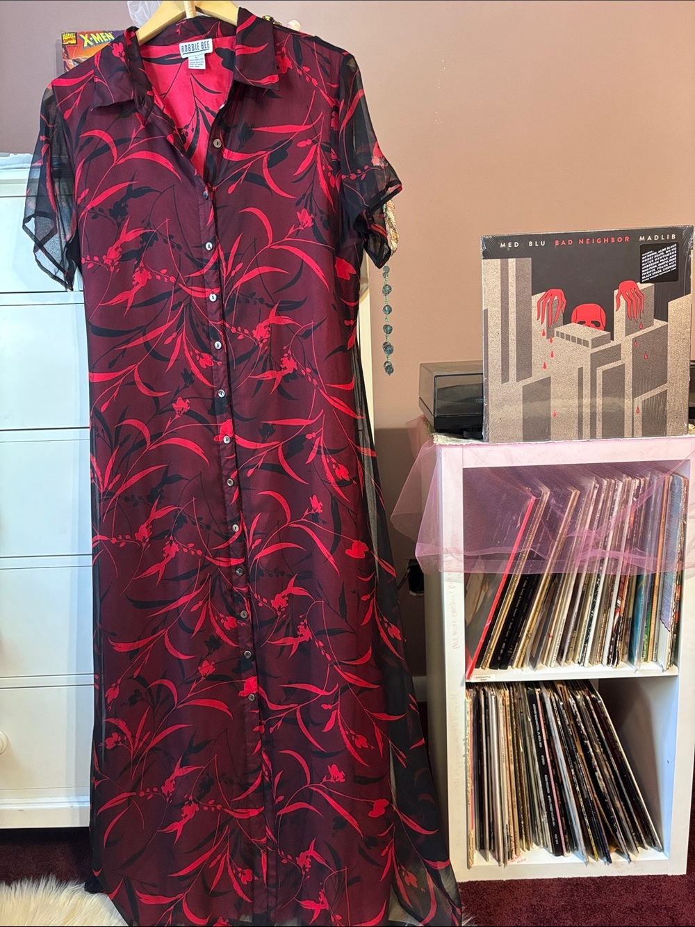 Vintage 90s Silk Button Front Midi Printed Red Black Shirt Minimalist Y2K Iconic